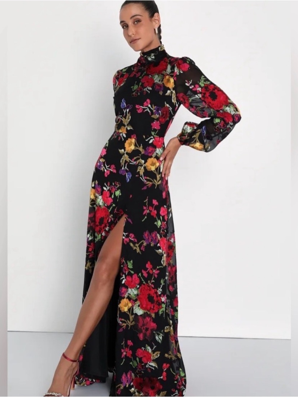Lulus Graceful Arrival Black Floral Burnout Backless Maxi Dress | M